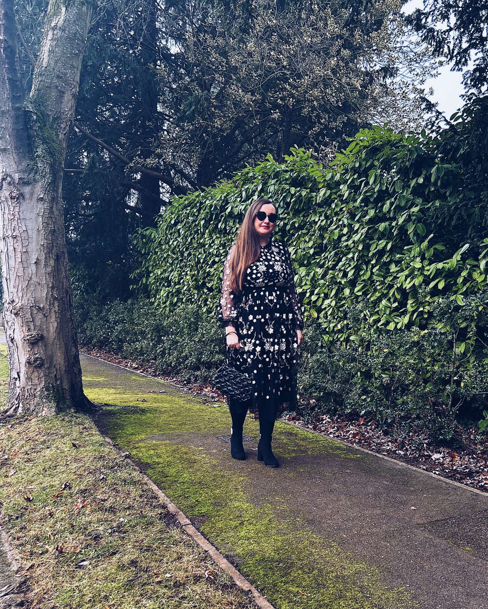 Black Floral Embroidered Midi Dress Outfit