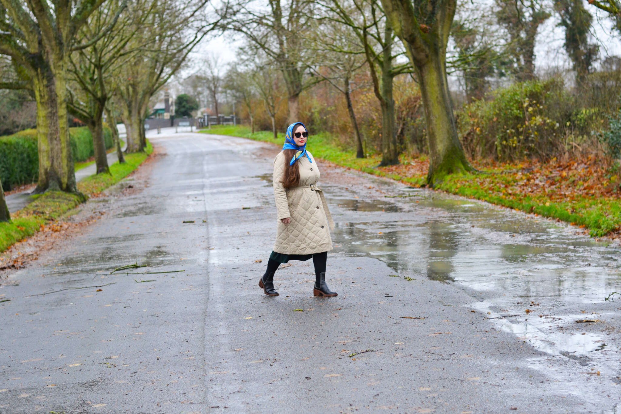 Barbour Quilted Trench Coat and Silk Scarf Outfit